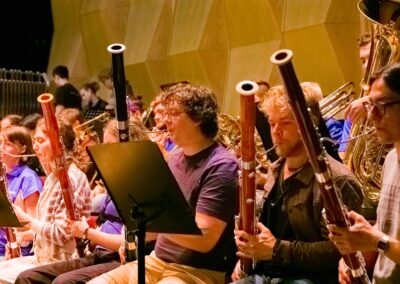 A group of Bassoonists play together in an orchestra