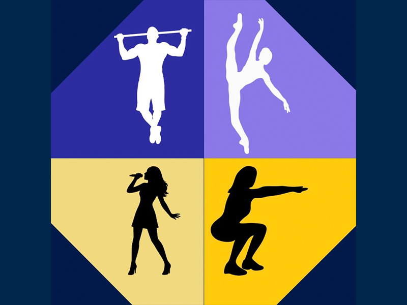 The image shows four characters doing various poses, singing, squatting, dancing, and working out.