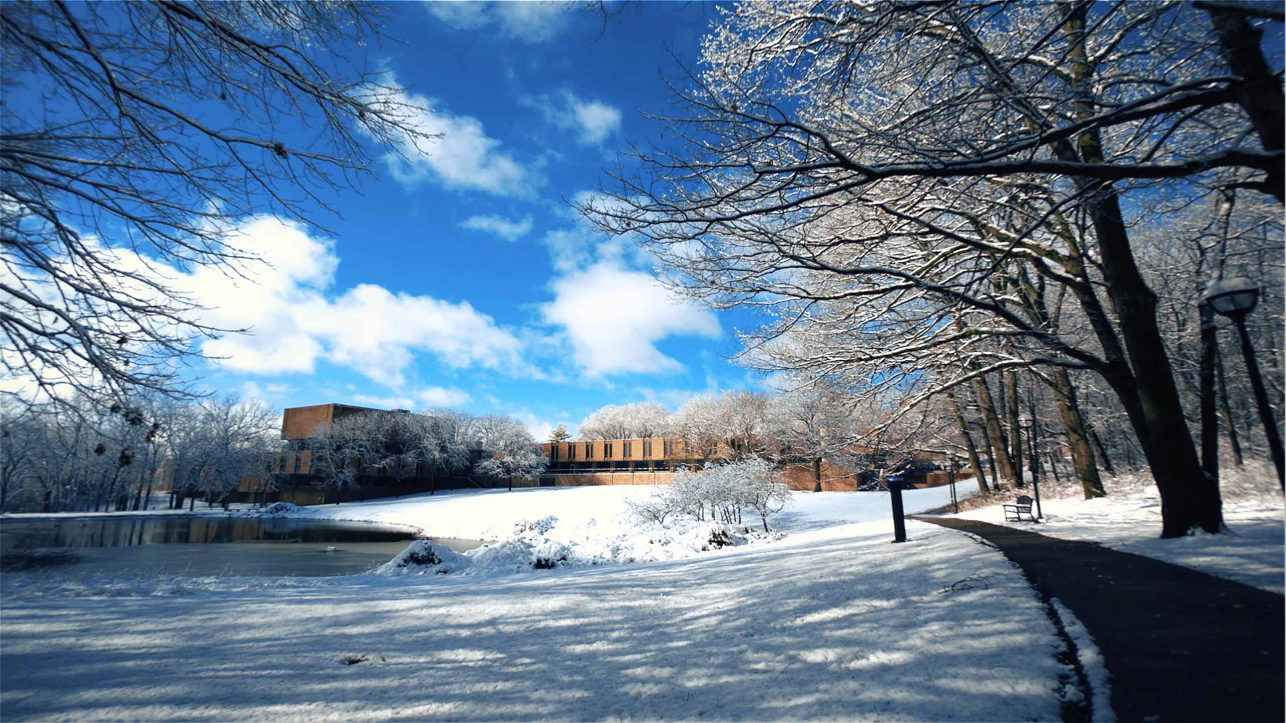 A walking path leads towards the Moore Building on a winter day with snow-covered ground.