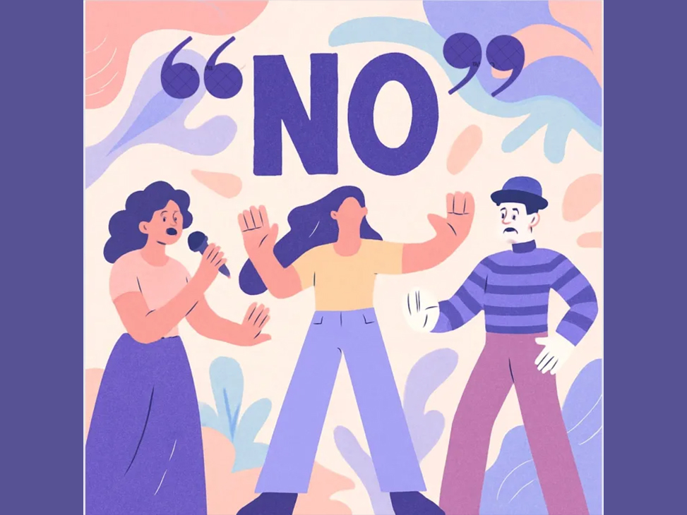 The image features three people holding their hands up in a stopping motion. One is singing.
