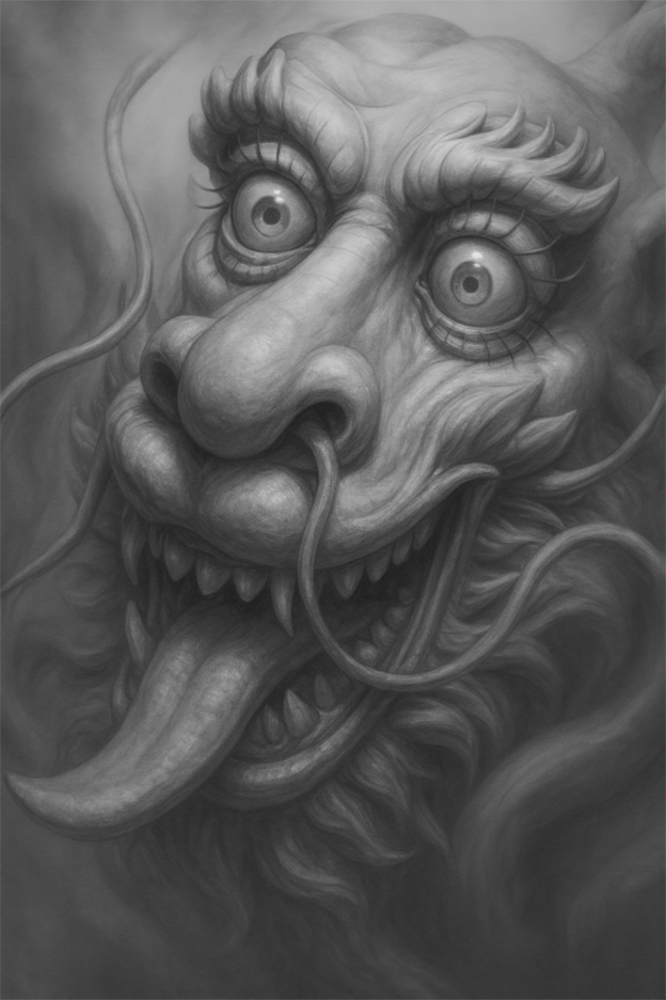 3D grayscale image of a dragon head with its eyes and mouth wide open