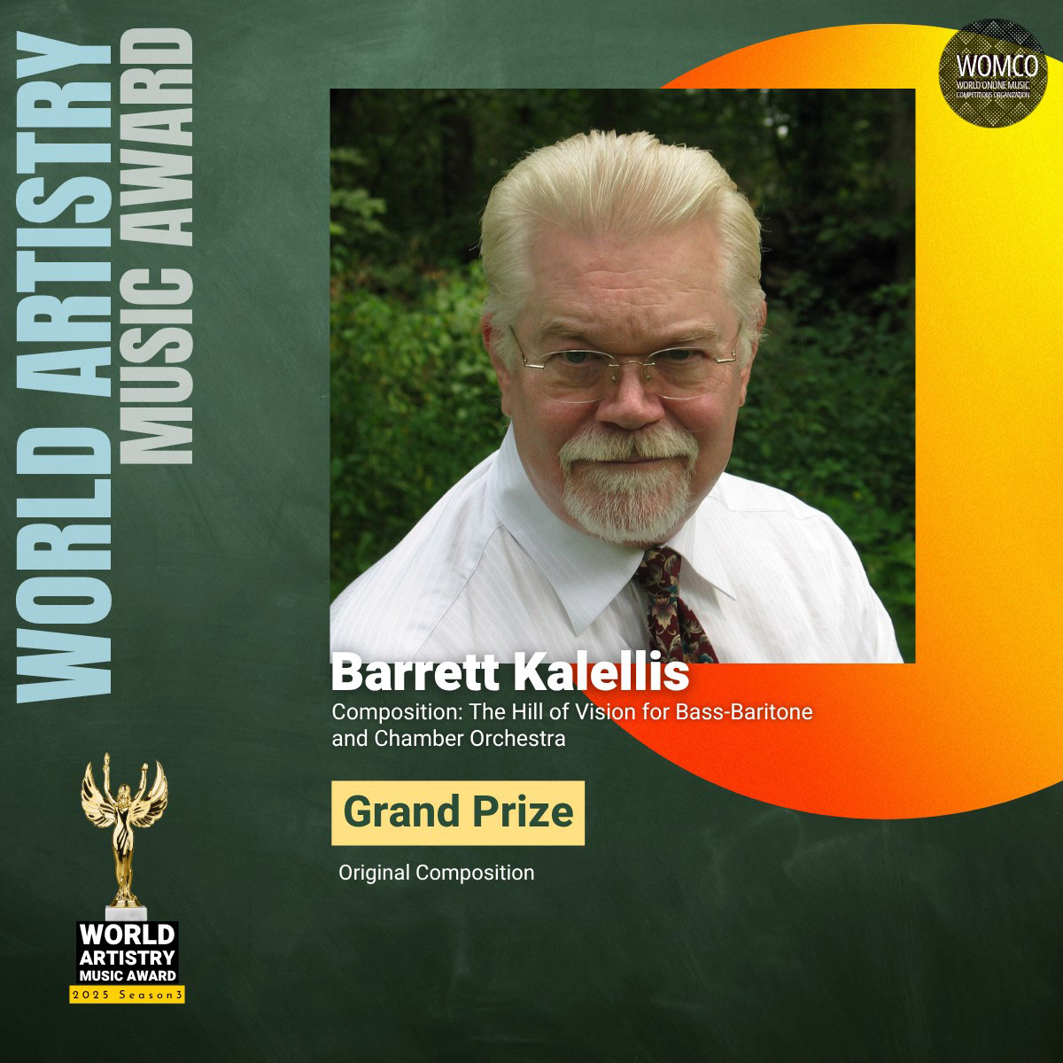 Graphic featuring a portrait of Barrett Kalellis, with "Grand Prize - Original Composition" and the World Artistry Music Award logo.
