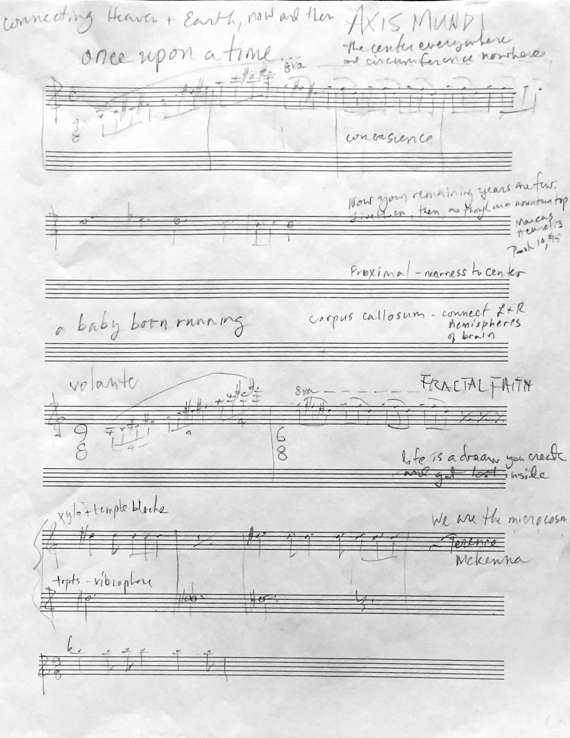 On a page printed with only blank staff lines, Santos has added clefs, notes, meters, and inspirational phrases. 