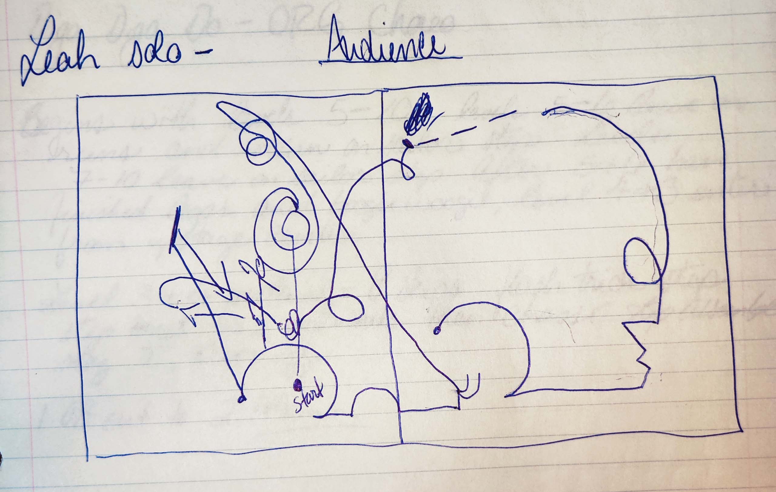 Notations in blue pen on lined paper with twisting lines and spirals, and the words "Leah solo" and "Audience."