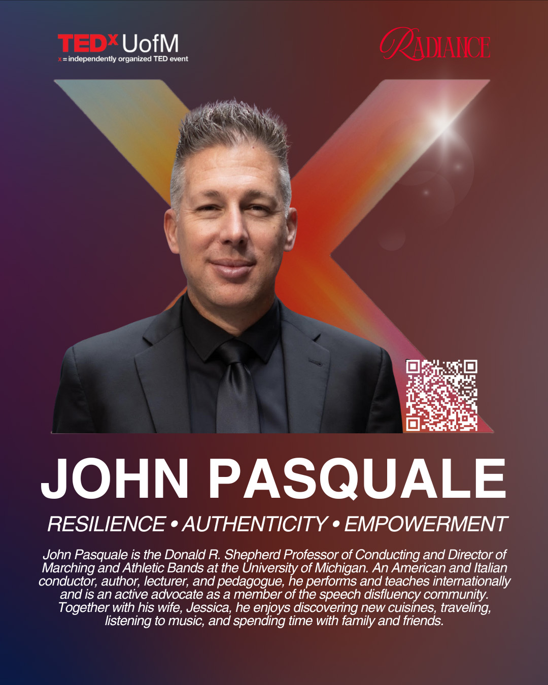 A poster for TEDx UofM featuring a portrait of John Pasquale and a description of his talk, with a large X and dark red background.