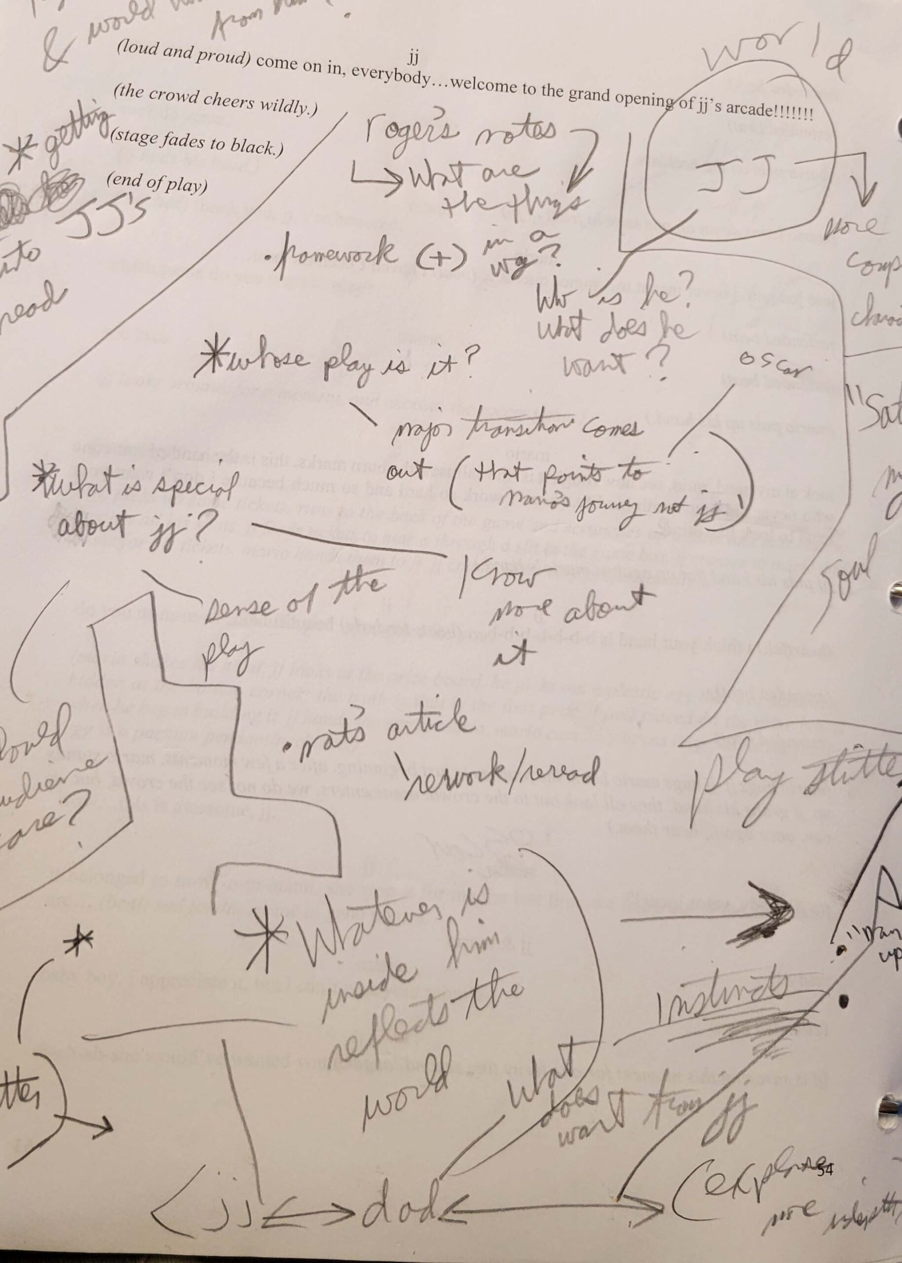 On a page with a few printed lines including "end of play," Casas added handwritten notes, questions, arrows, and other shapes.