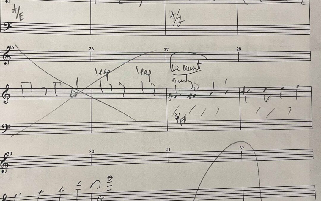 On a page printed with blank sets of treble and bass clef lines, Shankel has added music notations and the repeating word "leap." One section is crossed out.