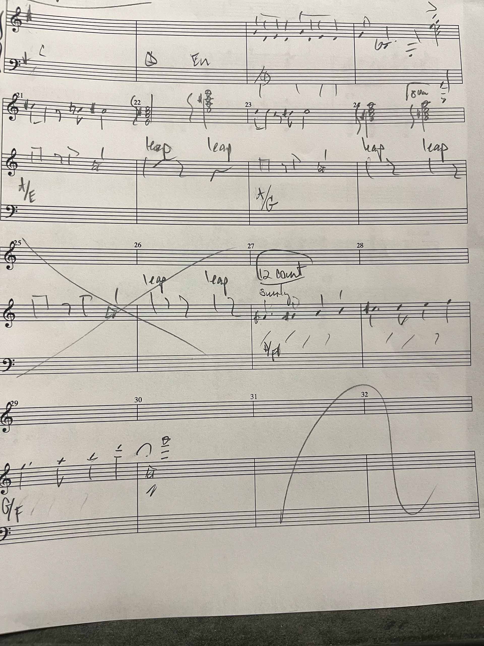 On a page printed with blank sets of treble and bass clef lines, Shankel has added music notations and the repeating word "leap." One section is crossed out.
