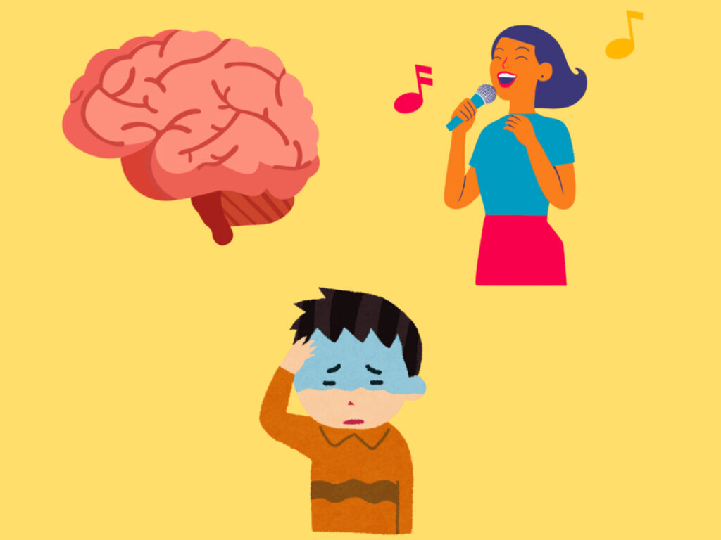Three illustrations of a human brain, a singer, and a person holding their head in pain, placed over a yellow background.
