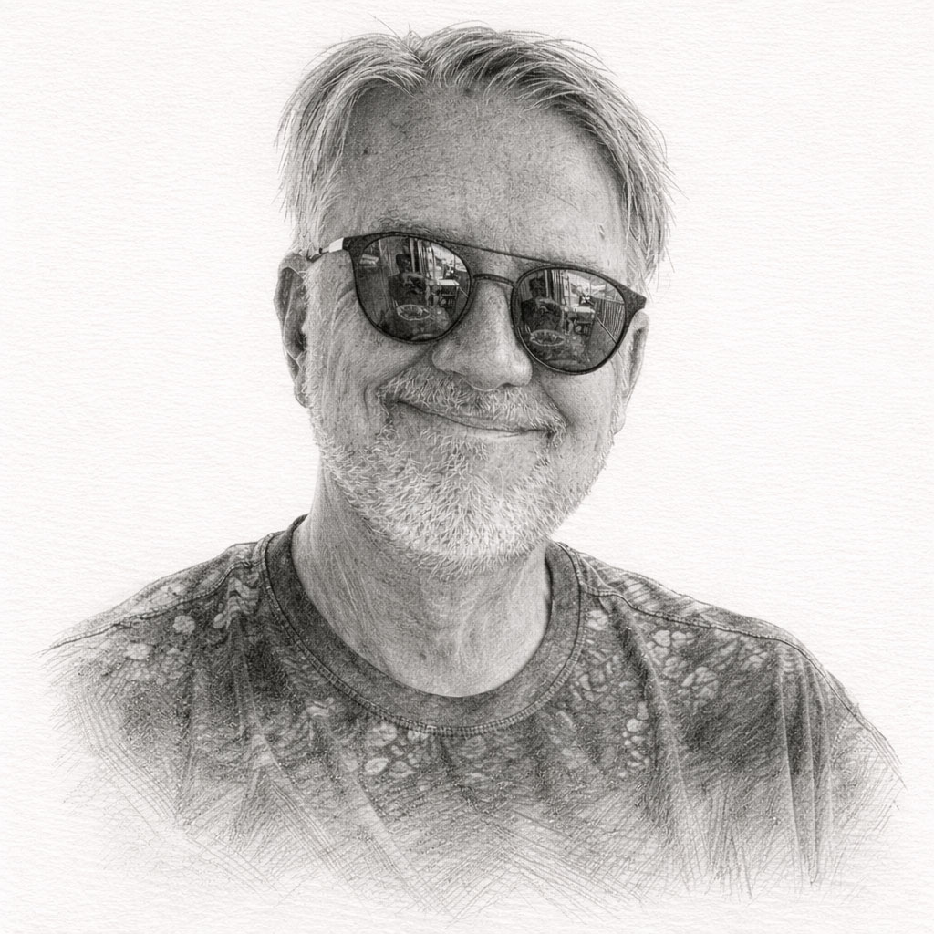Greyscale pencil sketch of Doug Howell wearing sunglasses and a t-shirt.
