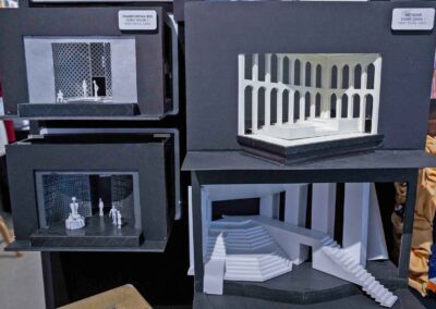 Scenic models for Antigone and a “transforming box” concept created by Heeres.