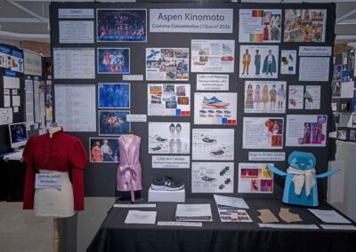 Aspen Kinomoto’s display featuring sketches, production photos, and sample costume pieces.