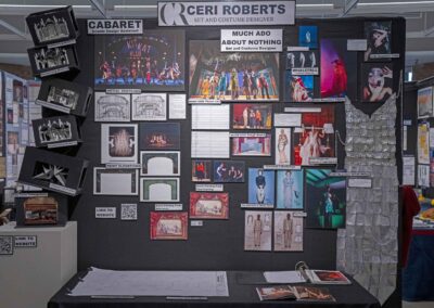 Ceri Roberts’s display, featuring set renders, costume designs, and production photos.