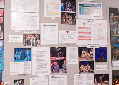 Frannie Walton’s display featuring call sheets, run sheets, and production photos.