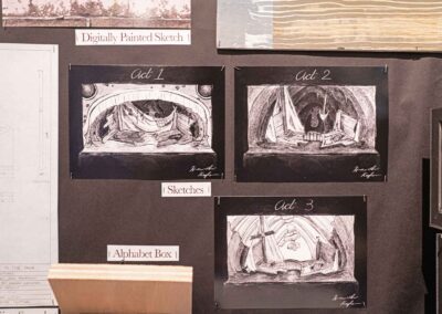 Scenic sketches showing a concept for a three-act progression.