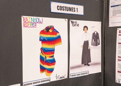 Rendering of a rainbow romper and Marie Curie costume for Costumes 1, both by Comini.