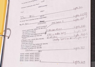 Close up of a call script page from Cabaret.
