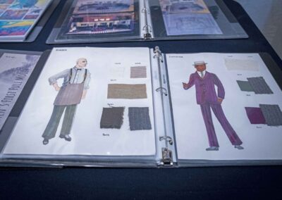 Costume sketches and fabric swatches by Streng.