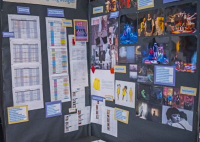 Lindsay Robert’s display featuring call sheets, production binders, and production photos.