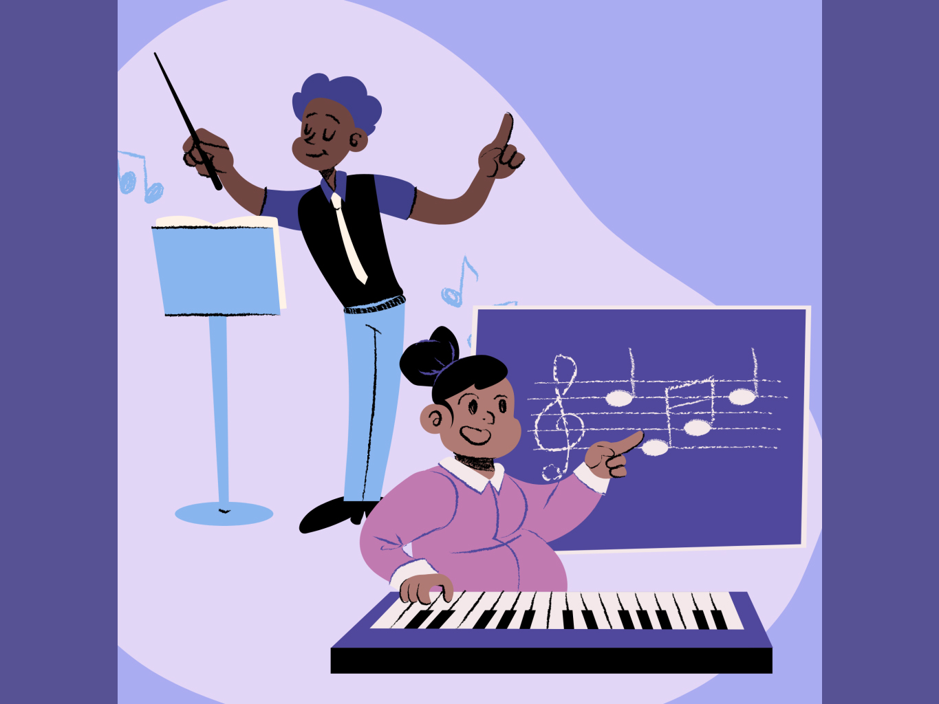 Illustration of two music instructors - with one conducting at a music stand, and the other using a keyboard and pointing to a staff of notes on a chalkboard.