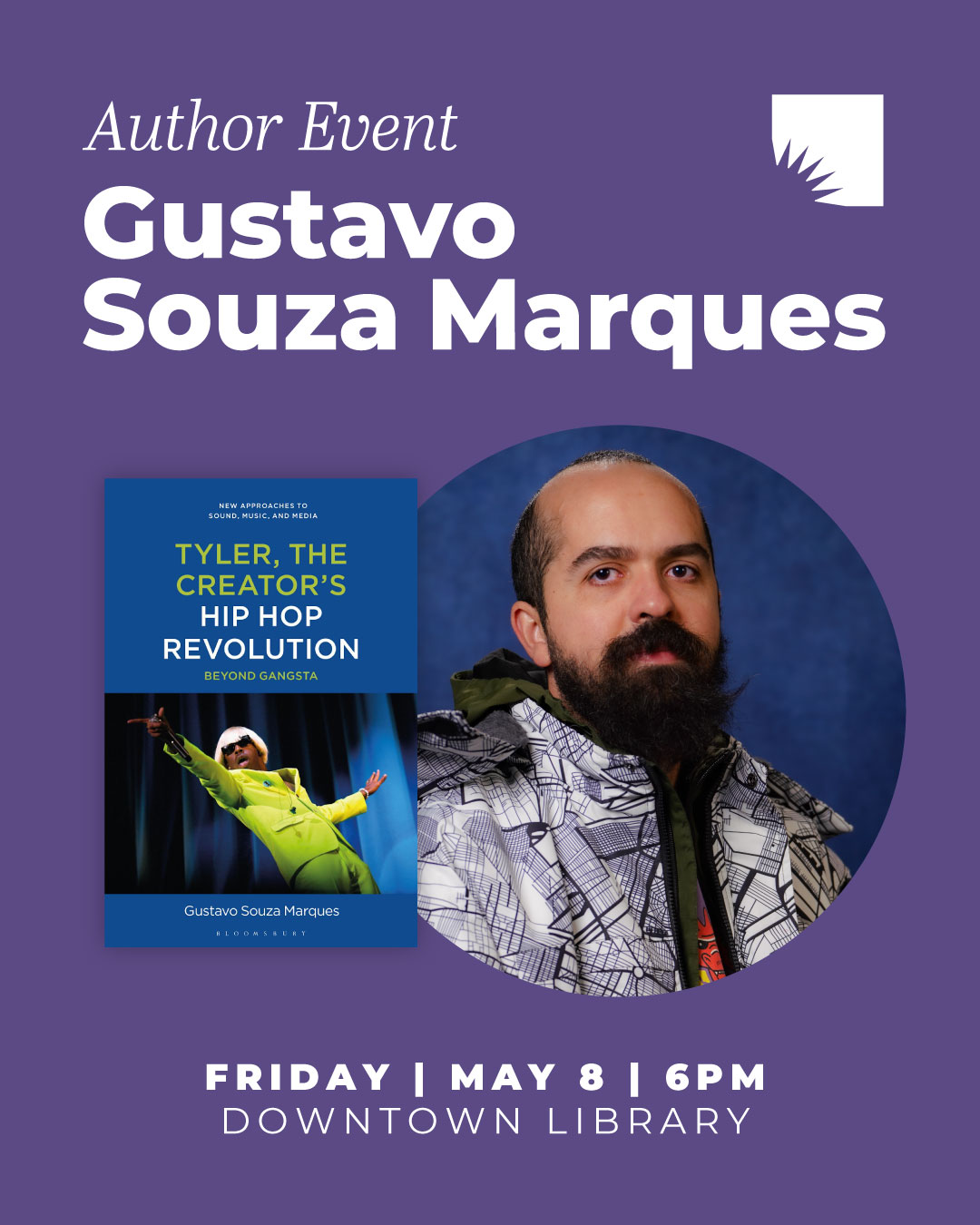Poster for Author Event with Gustavo Souza Marques at the Downtown Library.
