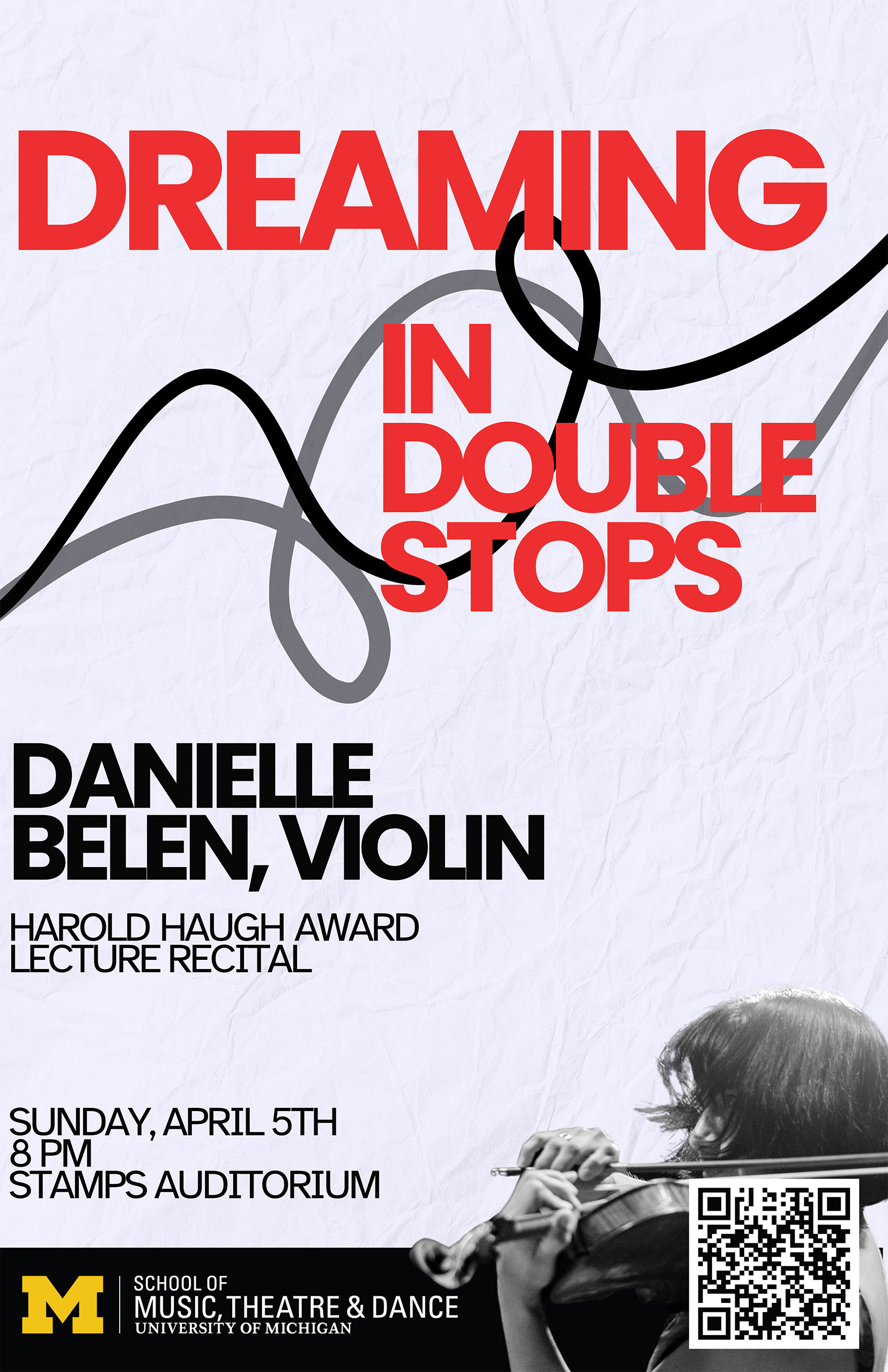 Poster for Danielle Belen's Harold Haugh Award Lecture Recital, "Dreaming in Double Stops."