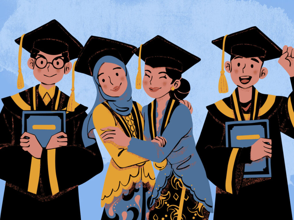 Illustration of four people celebrating their graduation, two of them are hugging, two are holding their diplomas.