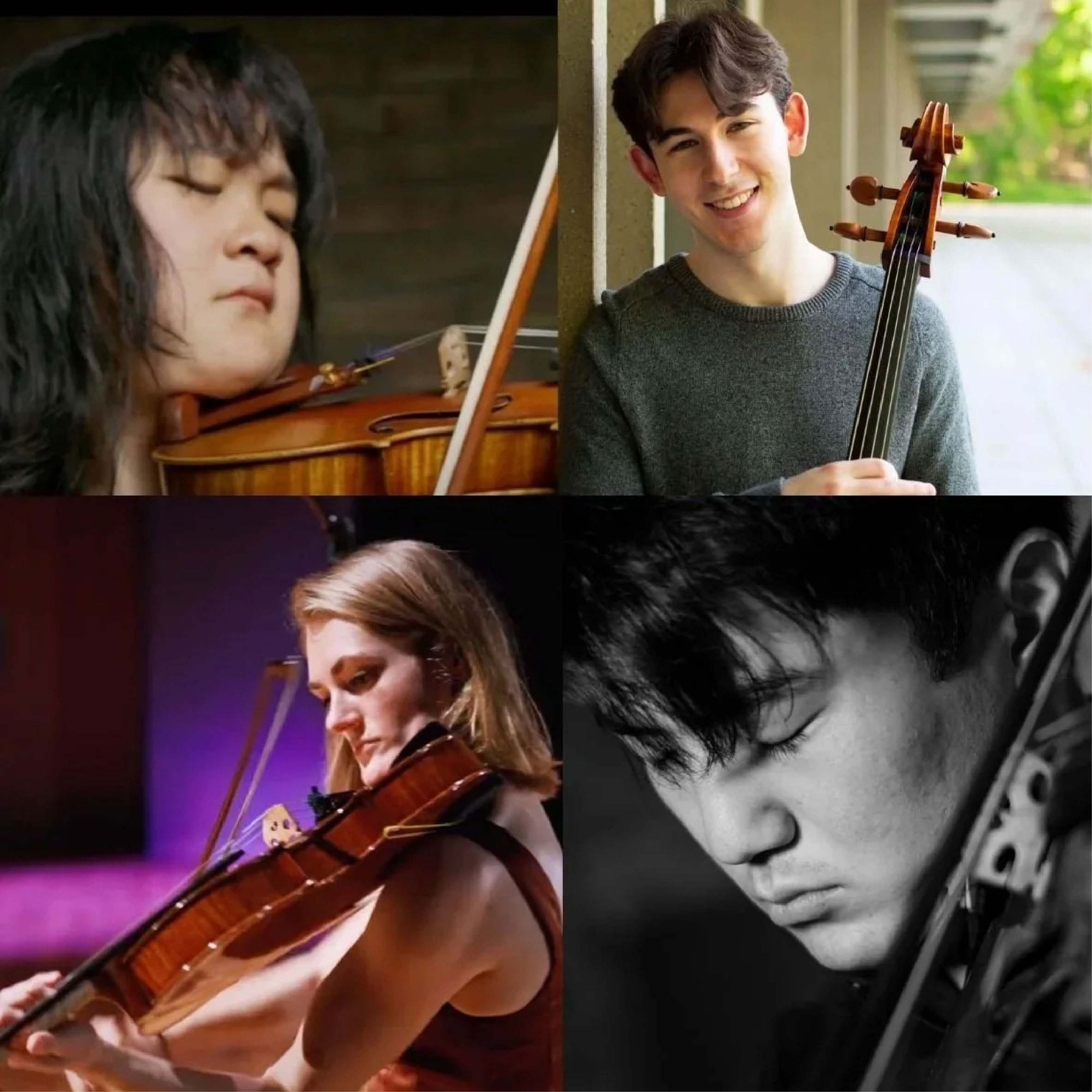 Collage of portraits of four young string players.