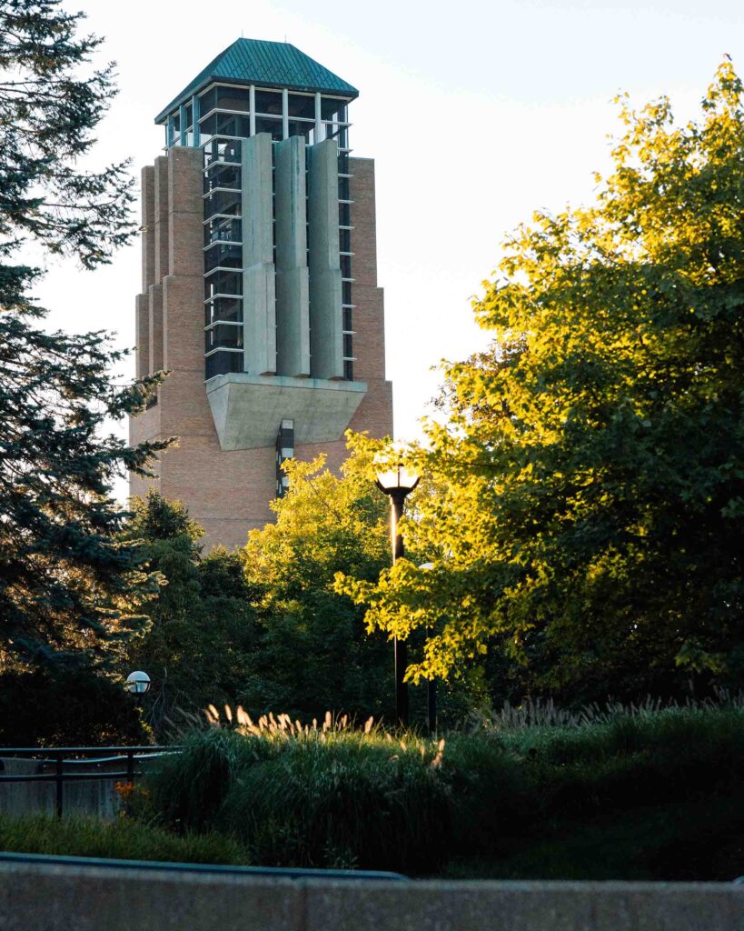 North Campus trees with Lurie Tower rising above in the distance.