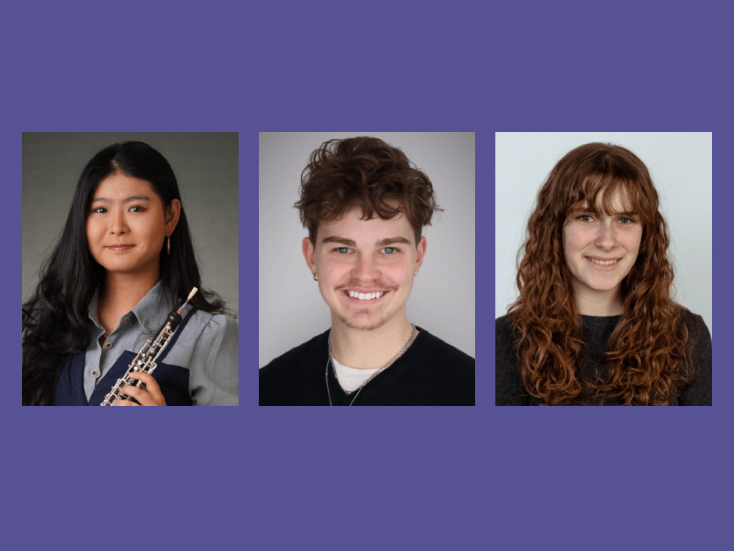 Composite of three student portraits with a purple background.