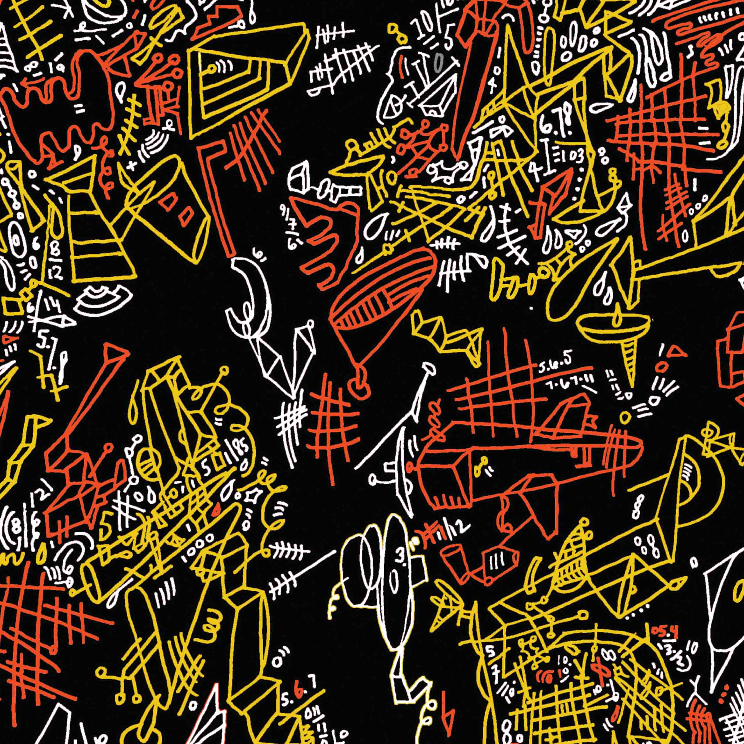 Album cover with no words - a black background is filled with intricate abstract drawings made up of red, yellow, and white shapes, lines and numbers.