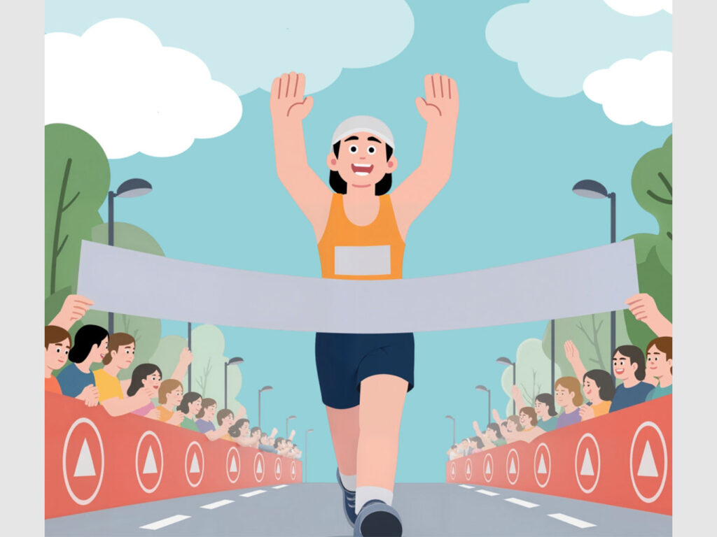 The image shows a person completing a marathon, celebrating with their hands in the air.