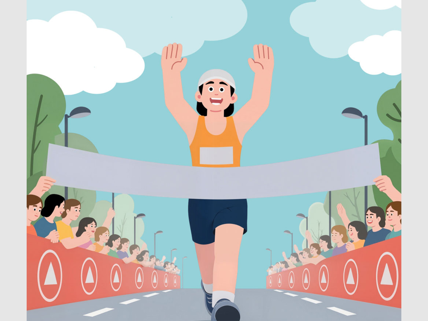 The image shows a person completing a marathon, celebrating with their hands in the air.