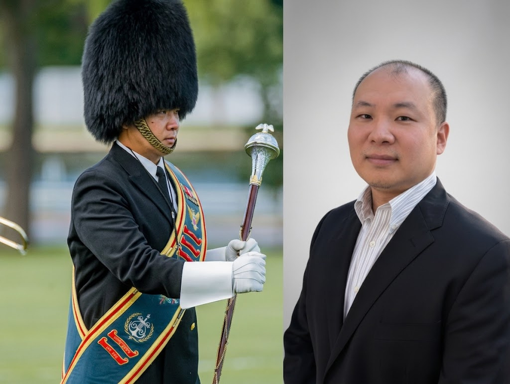 Composite of two photos side-by-side. D. Samuel Chin marches outdoors wearing a military band uniform. And a headshot of D. Samuel Chin wearing a black suitcoat.