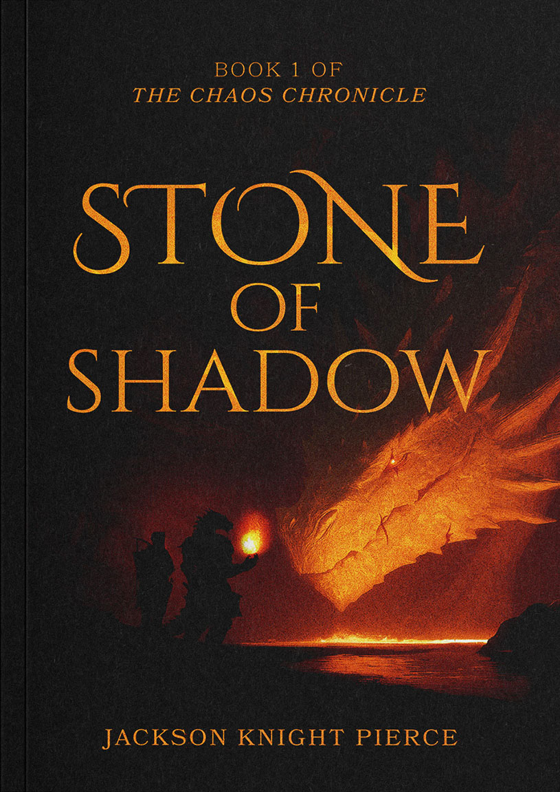 Jackson Pierce book Cover art nskvsky Book cover with black background and gold text, featuring the shadow of someone holding up firelight, which shines eerie orange light on the face of a huge dragon facing them.