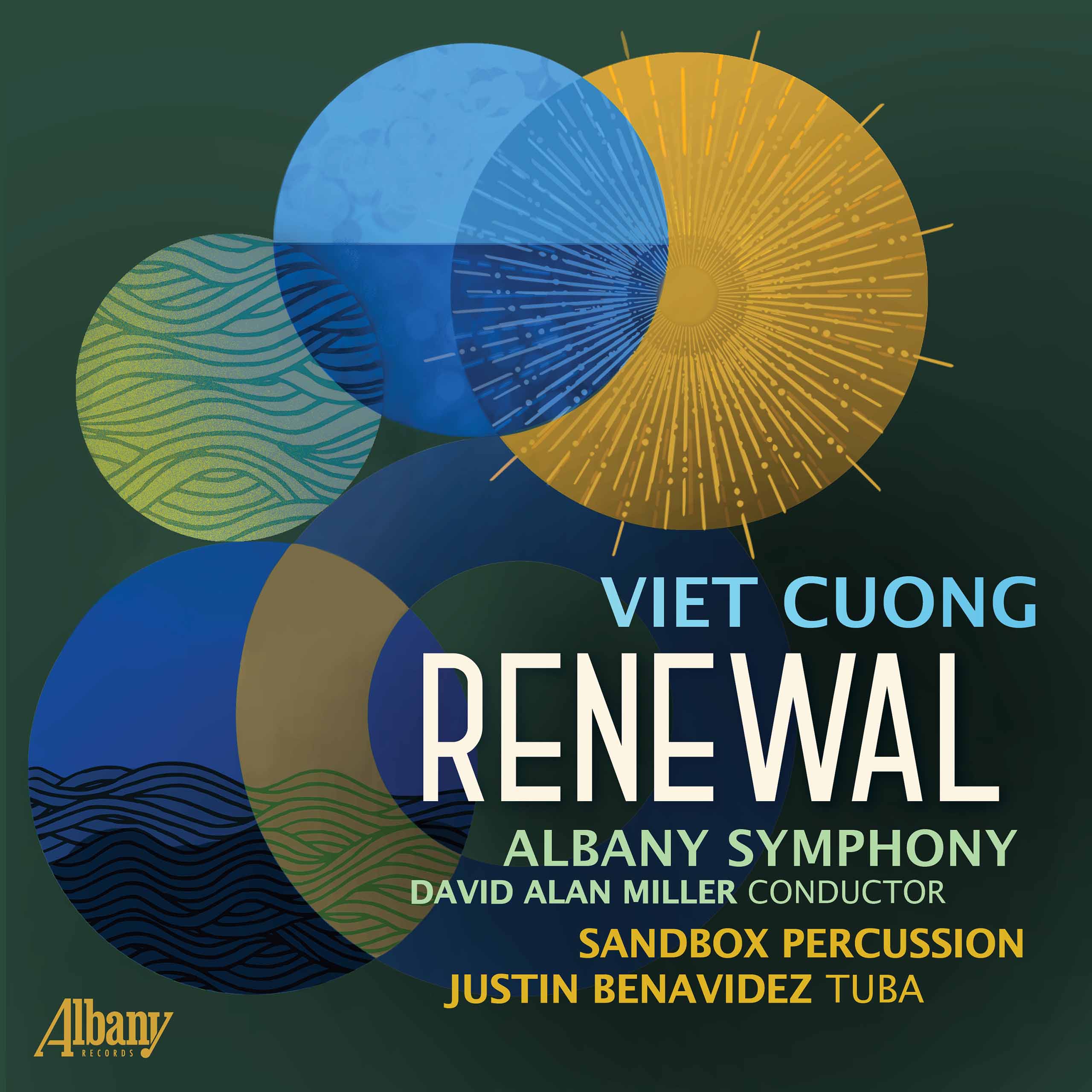 Justin Benavidez tuba soloist album Renewal Album cover with a dark green background, featuring graphics of bold blue and yellow circles that overlap, textured like the sun, moon, and waves of water.