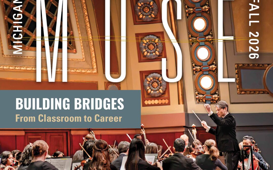 Michigan Muse Fall 2026: "Building Bridges: From Classroom to Career" with background image of an orchestra and conductor performing on stage.