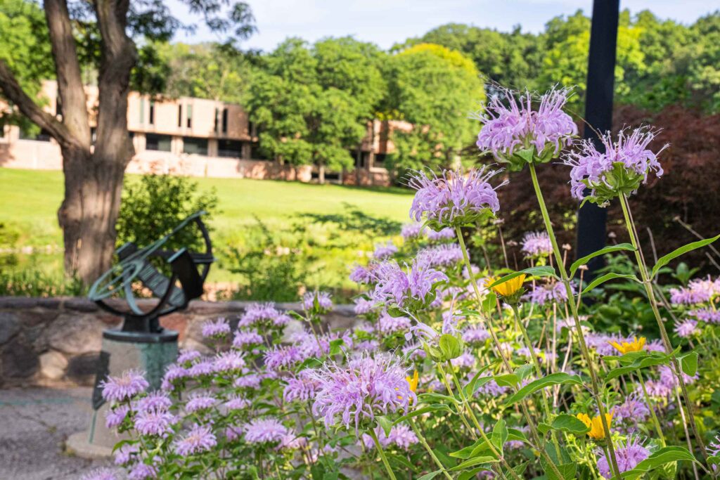 A view towards the Moore Building with leafy trees in the distance. In the foreground are a treble clef sculpture and light purple and yellow flowers.