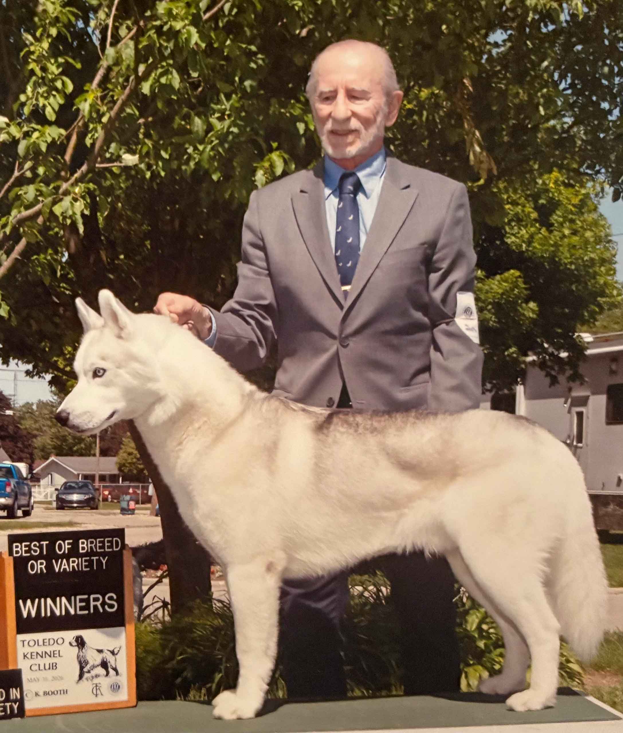 Peter Kentes stands outdoors, attired in a grey suit, holding on to a white husky posed on a platform.