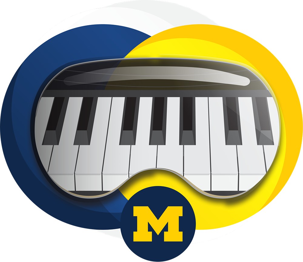 Graphic of a piano keyboard, surrounded by blue and yellow with a University of Michigan Block M logo below.