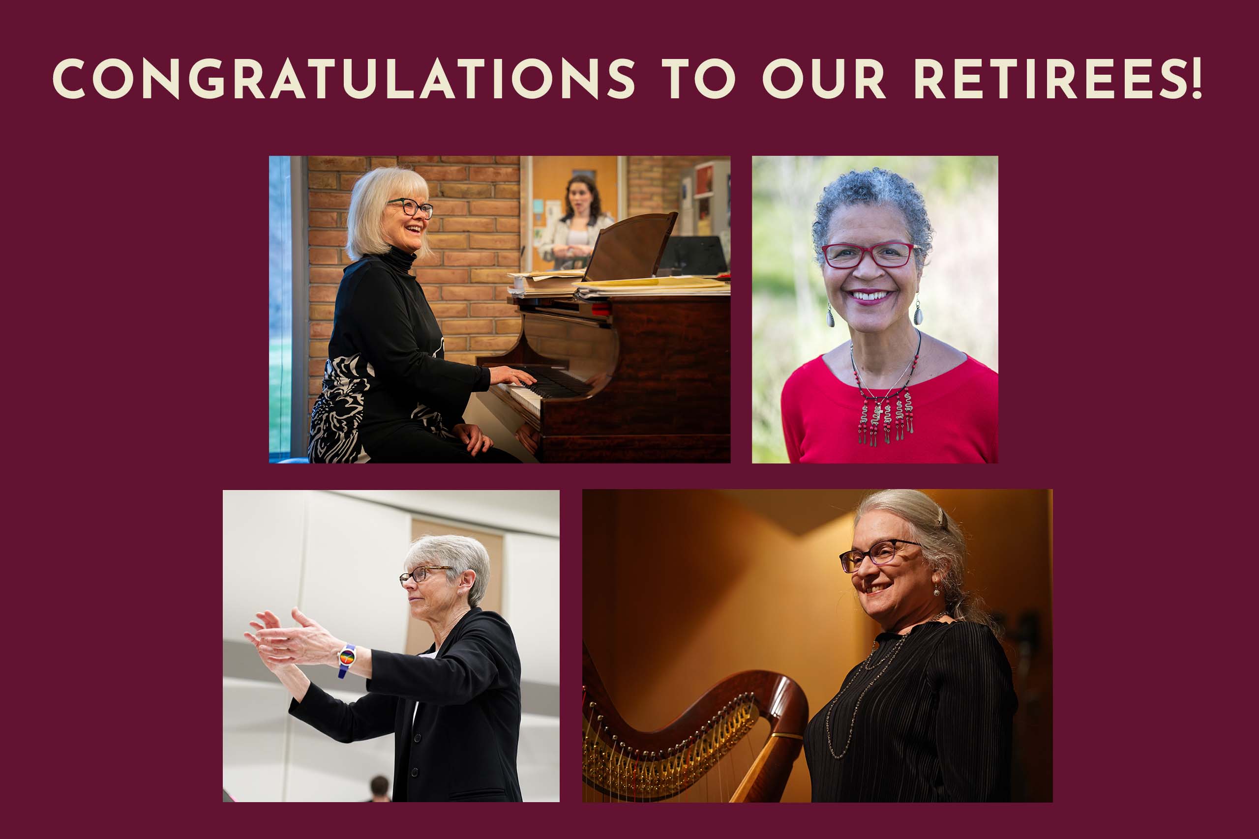 Congratulations to our retirees! Graphic featuring four portraits.