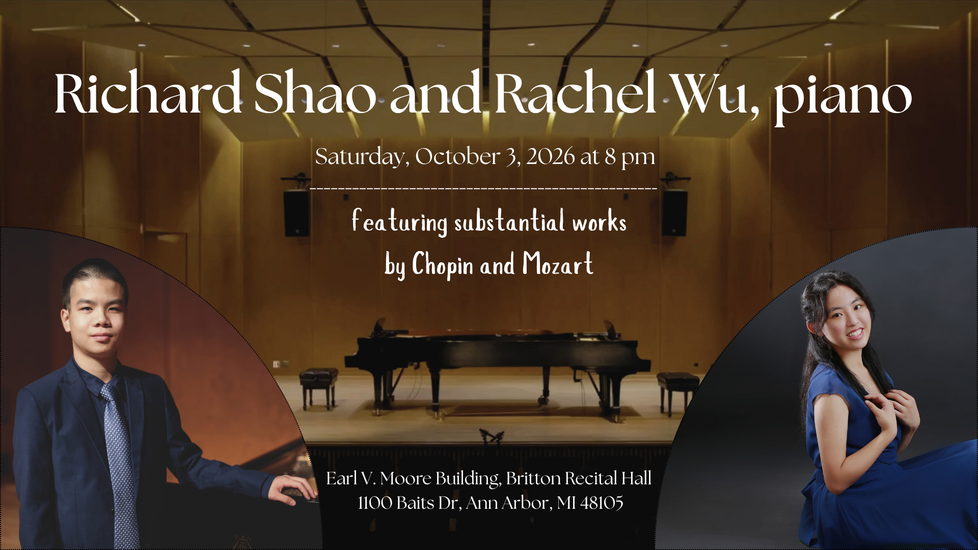 Poster with images of Shao, Wu, and two pianos on stage in Britton Recital Hall.