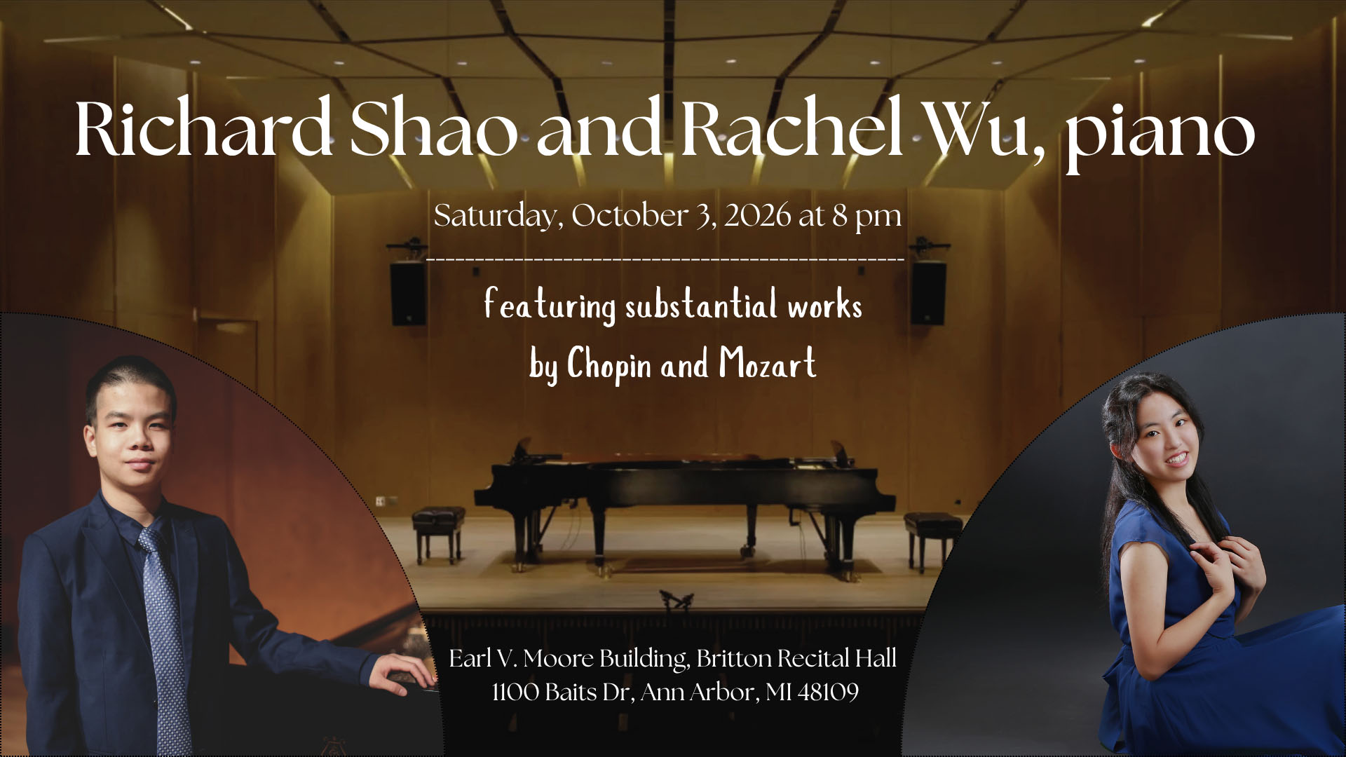 Poster with images of Shao, Wu, and two pianos on stage in Britton Recital Hall.