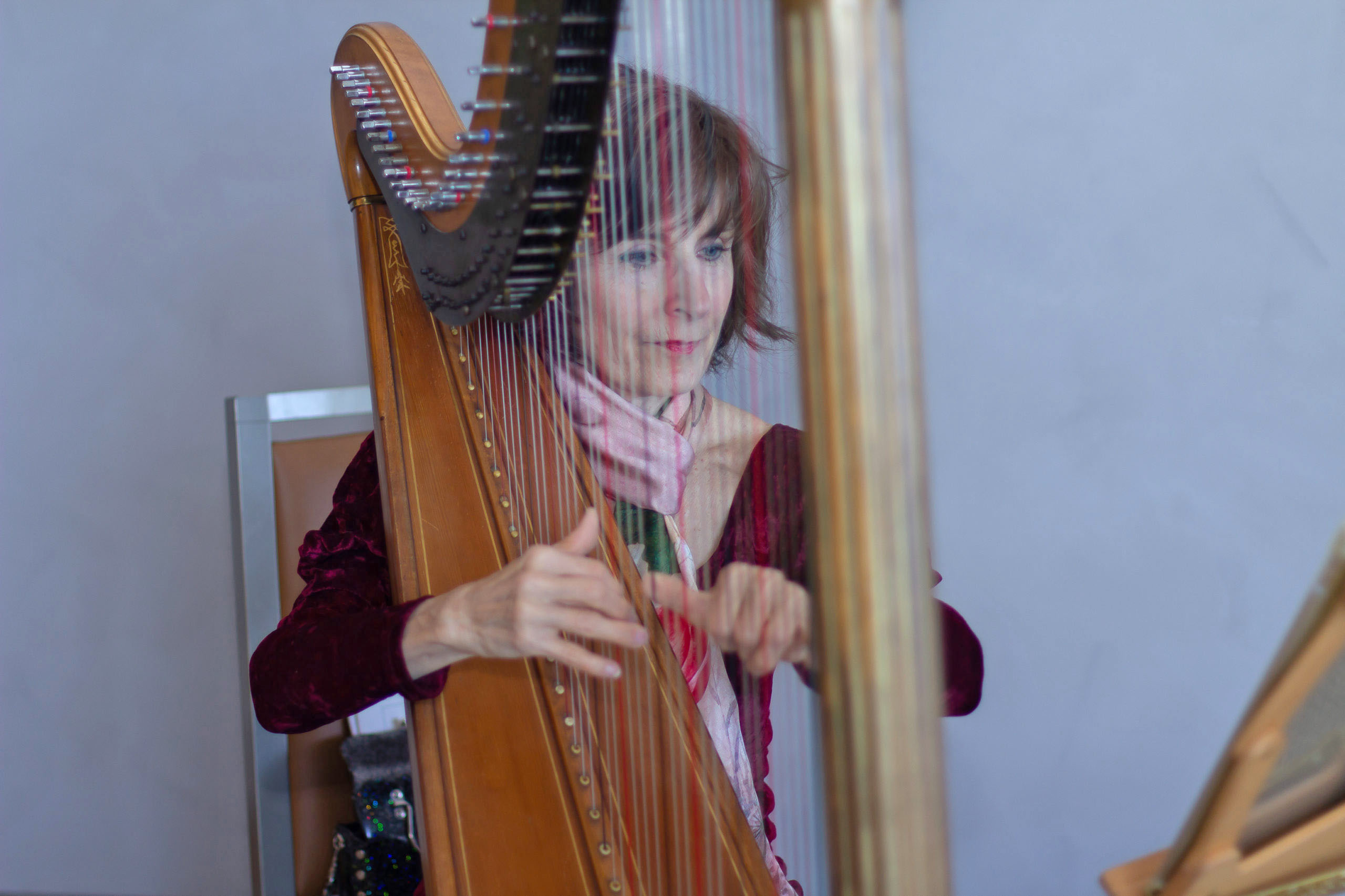 Stephanie Bennett plays the harp, with her face visible through the strings.