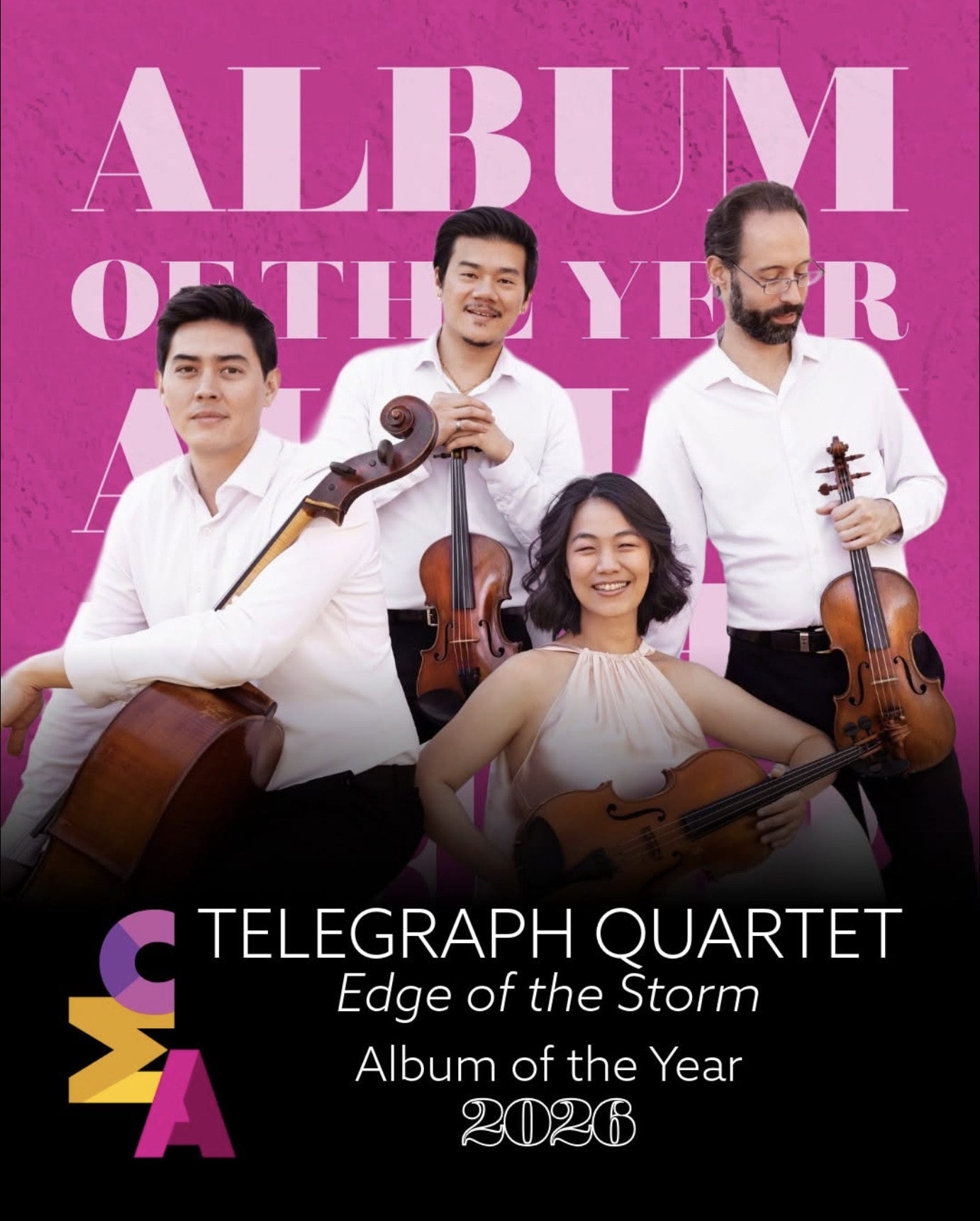 Graphic featuring a pink background and group photo of the Telegraph Quartet, with the words: Telegraph Quartet, Edge of the Storm, Album of the Year 2026 