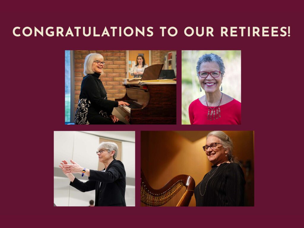 Graphic with four faculty portraits and Congratulations to our retirees!