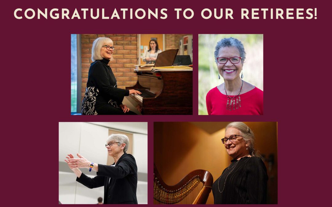 Graphic with four faculty portraits and Congratulations to our retirees!