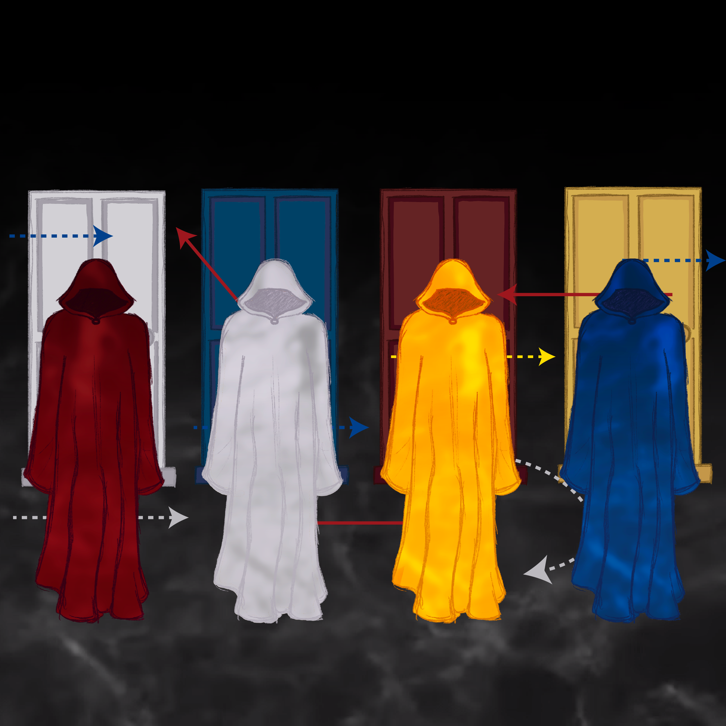 timepasses-squares_600x600 Four figures of long robes in front of doors, in red, white, yellow, and blue.
