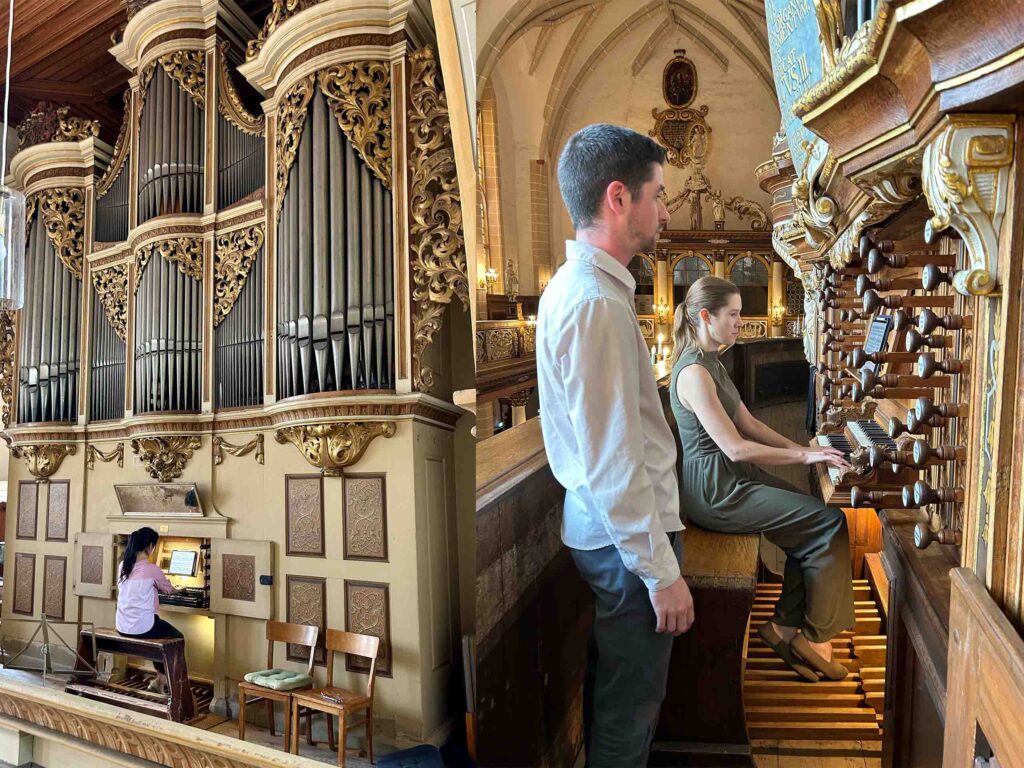 Composite of two photos, each with an organist seated and playing a different historic organ. The right-hand photo includes a standing observer.