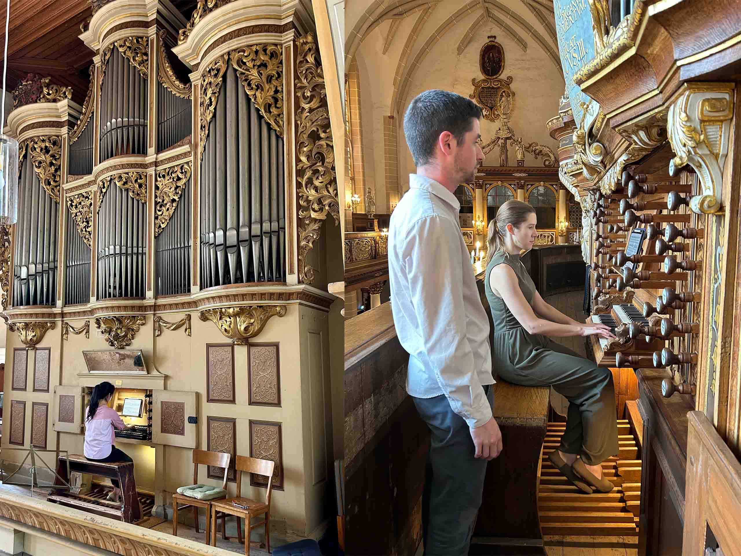 Organ Germany travel story featured Composite of two photos, each with an organist seated and playing a different historic organ. The right-hand photo includes a standing observer.